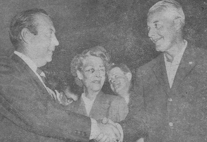 New York City Mayor Wagner greets Philadelphia's Mayor Richard Dilworth and his wife at Pier 88