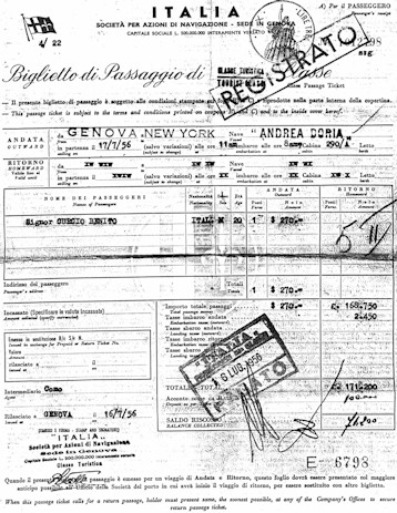 Actual Tourist Class Ticket belonging to Benito Curcio